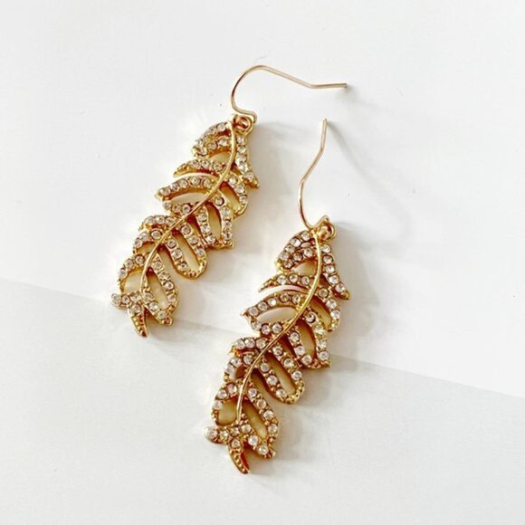 4/$25 Gold Crystal Leaf Drop Earrings - Picture 2 of 3